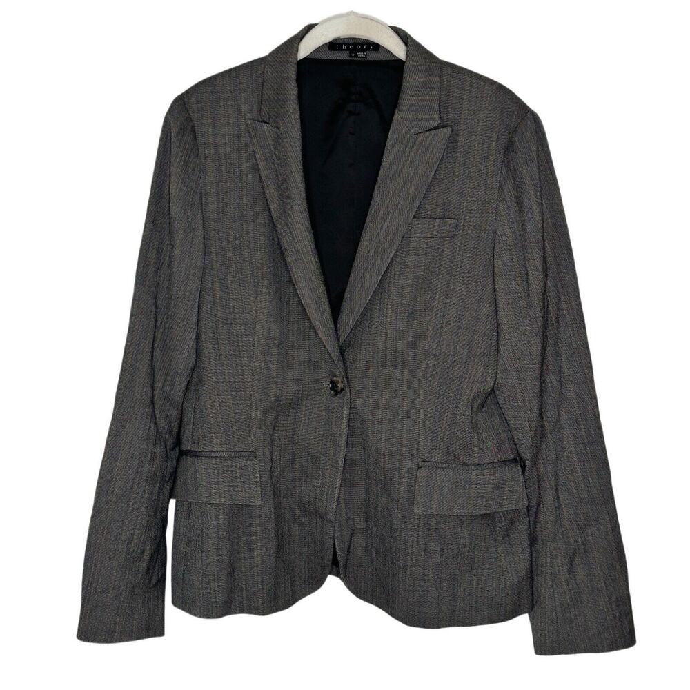 Theory Women's One Button Wool Blend Brown Blazer Gray Size 12